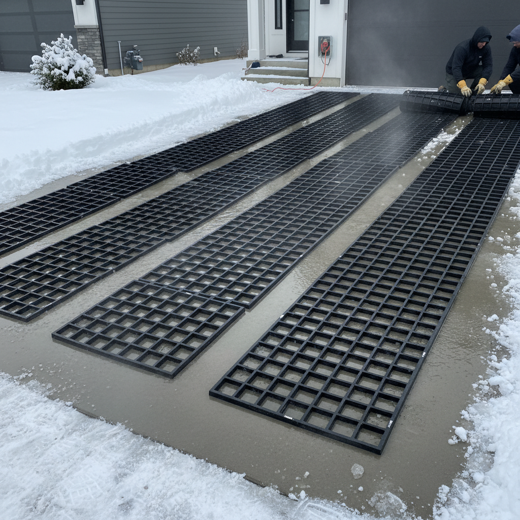 Heated driveway mat preventing snow