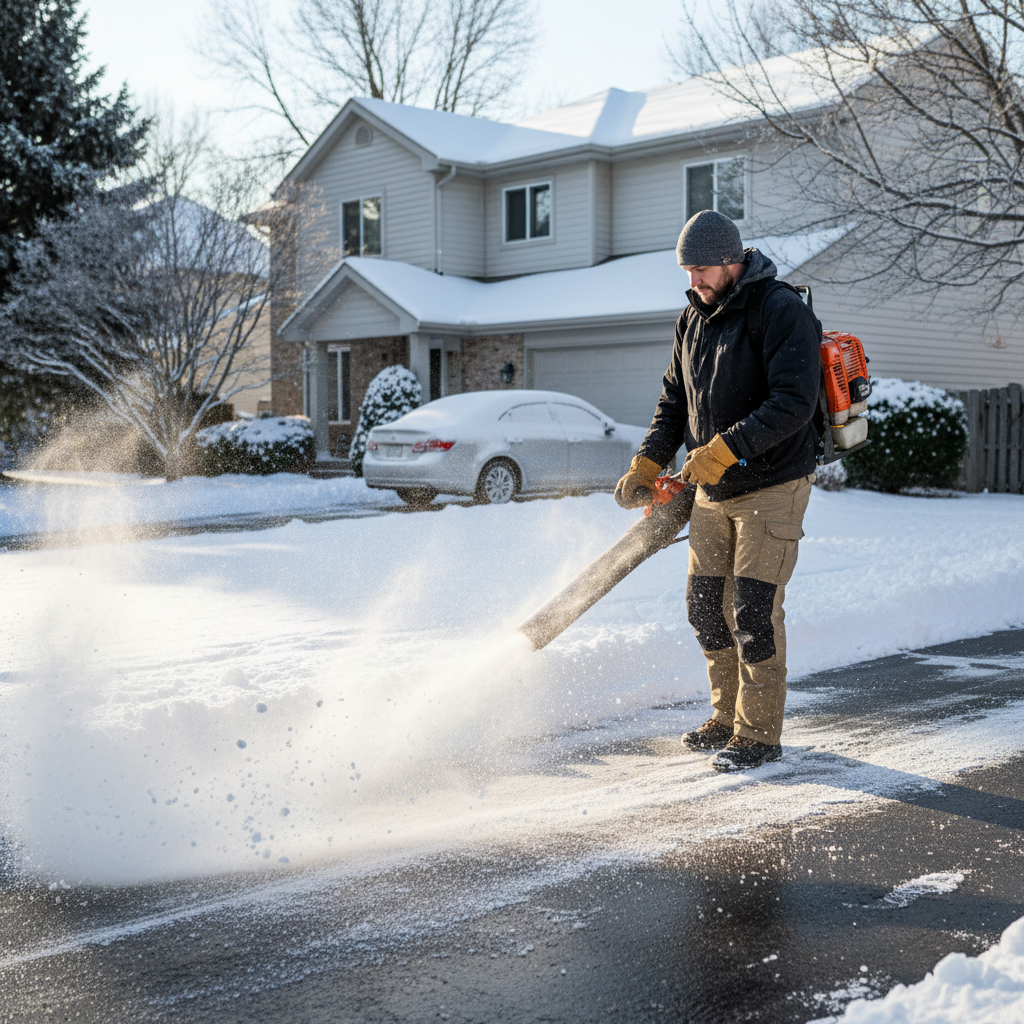 Using a leaf blower to clear snow from driveway