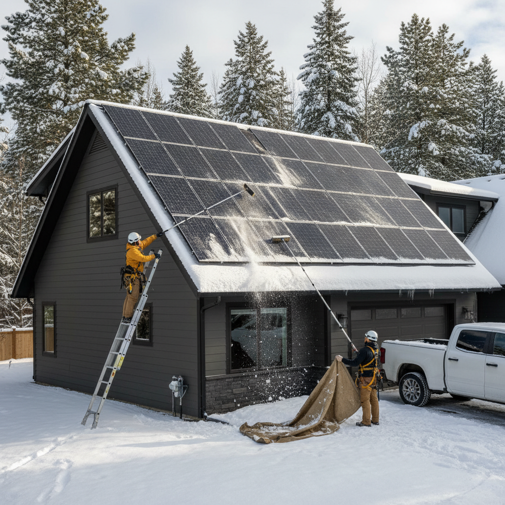Professional snow removal service on solar panels