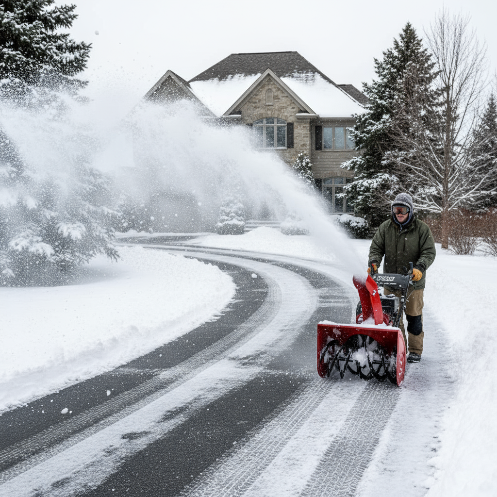 Snow blower clearing driveway snow