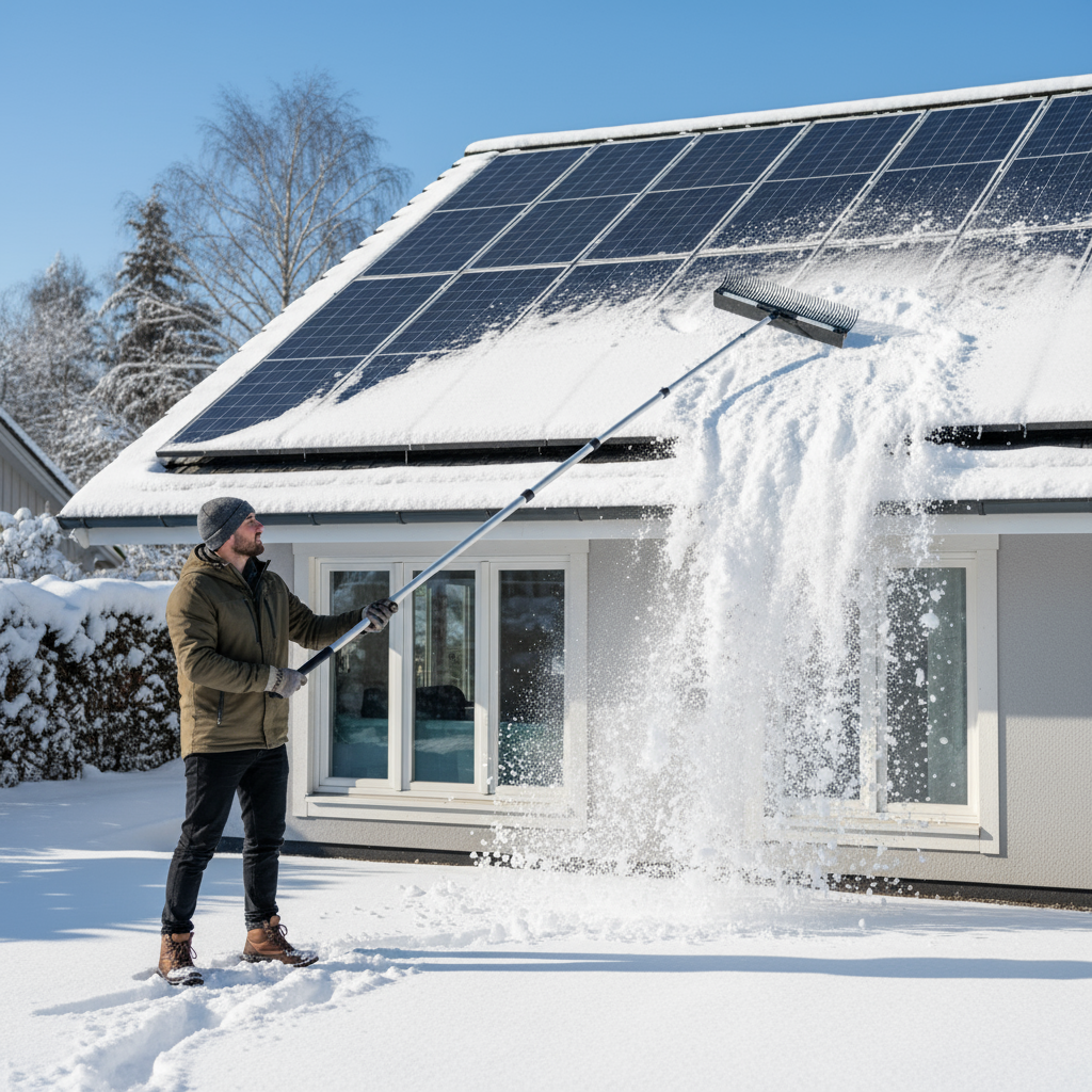 Using a solar snow rake to remove snow from panels